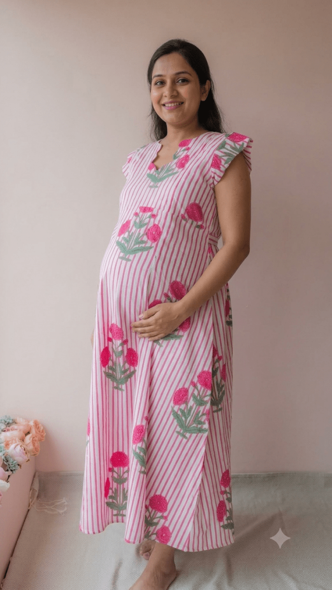 Gomati | Pink Stripe Marigold Print Cotton Maternity & Nursing DressALL US WOMENmaternity and feeding
