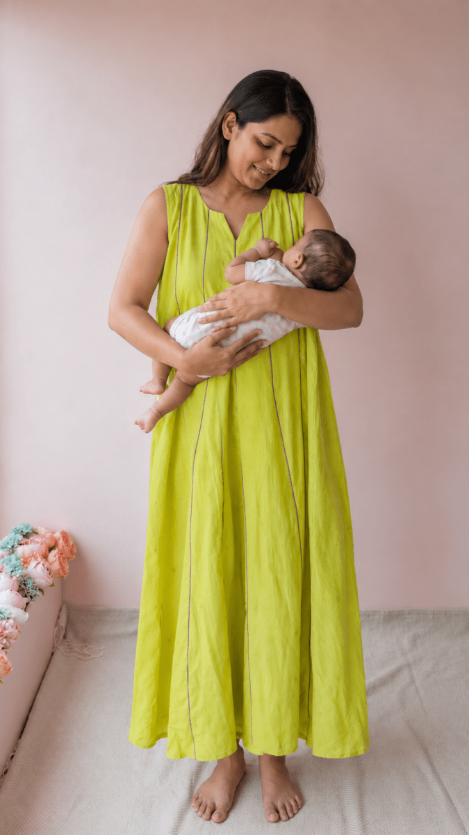 Kedar |Chartreuse south Cotton Maternity & Nursing Dress with PipingALL US WOMENmaternity and feeding
