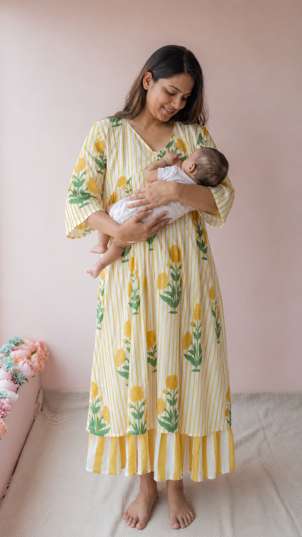 Kafi — Marigold Block Print Cotton Maternity & Nursing Dress