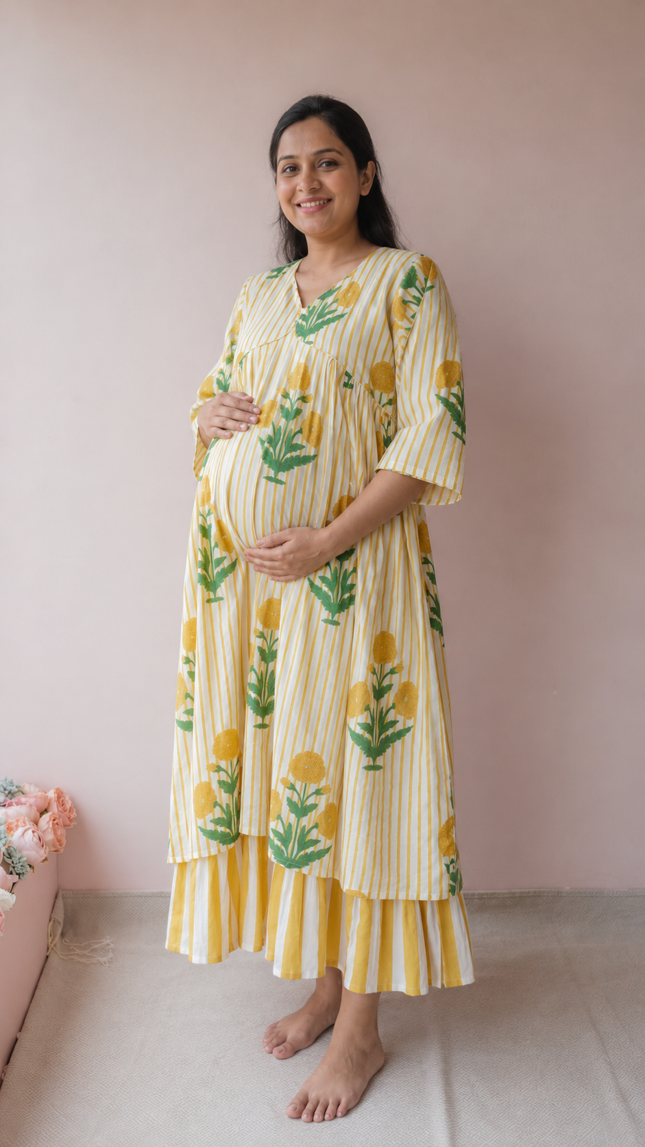 Kafi — Marigold Block Print Cotton Maternity & Nursing Dress