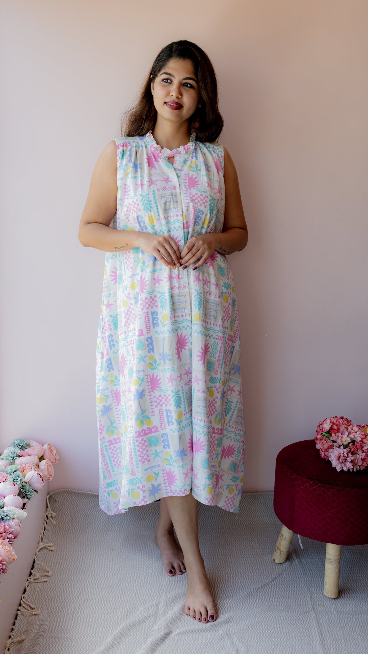 Respite – Sleeveless Button-Down Maternity & Nursing Dress in Coastal Print Cotton
