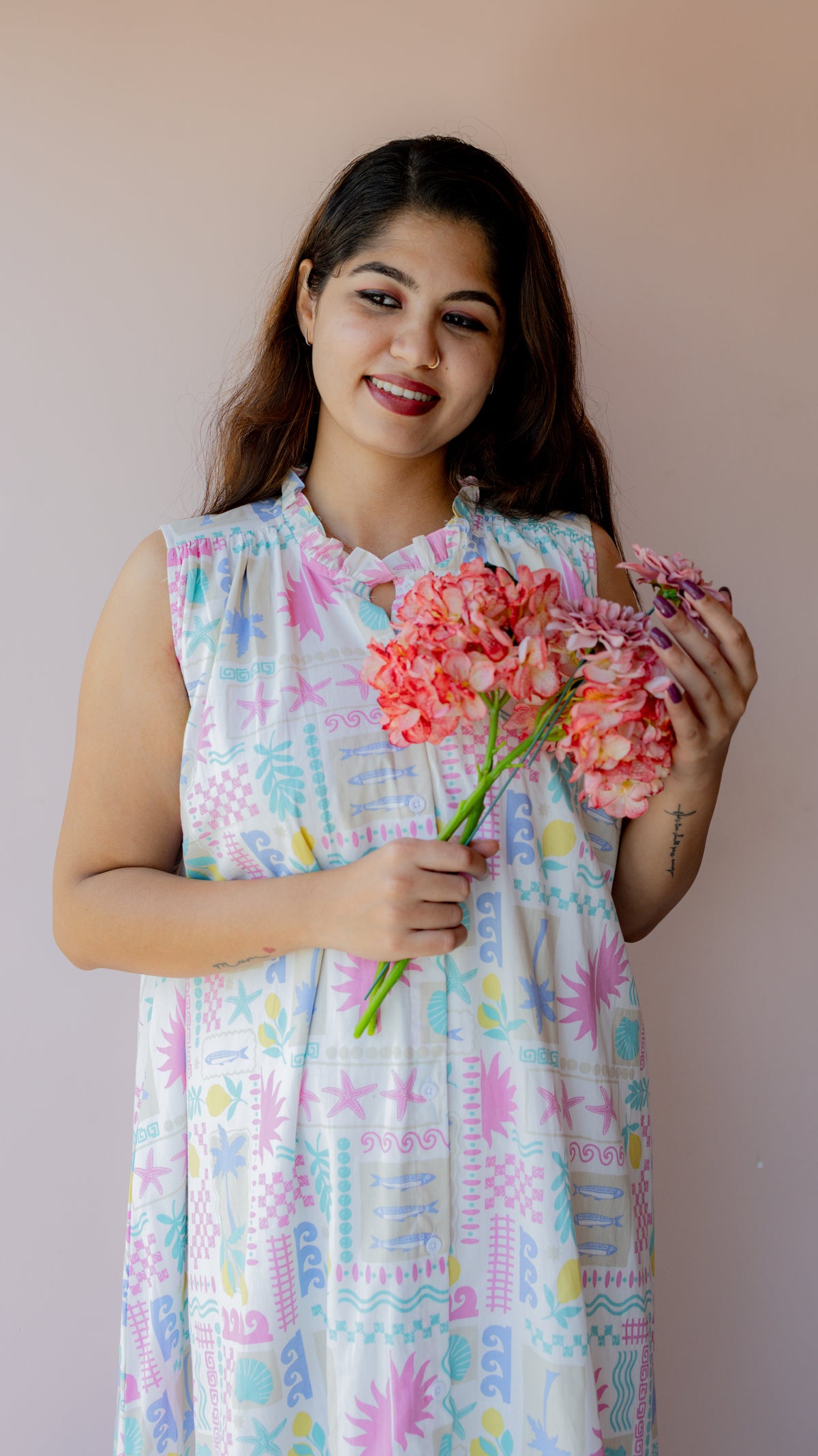 Respite – Sleeveless Button-Down Maternity & Nursing Dress in Coastal Print Cotton