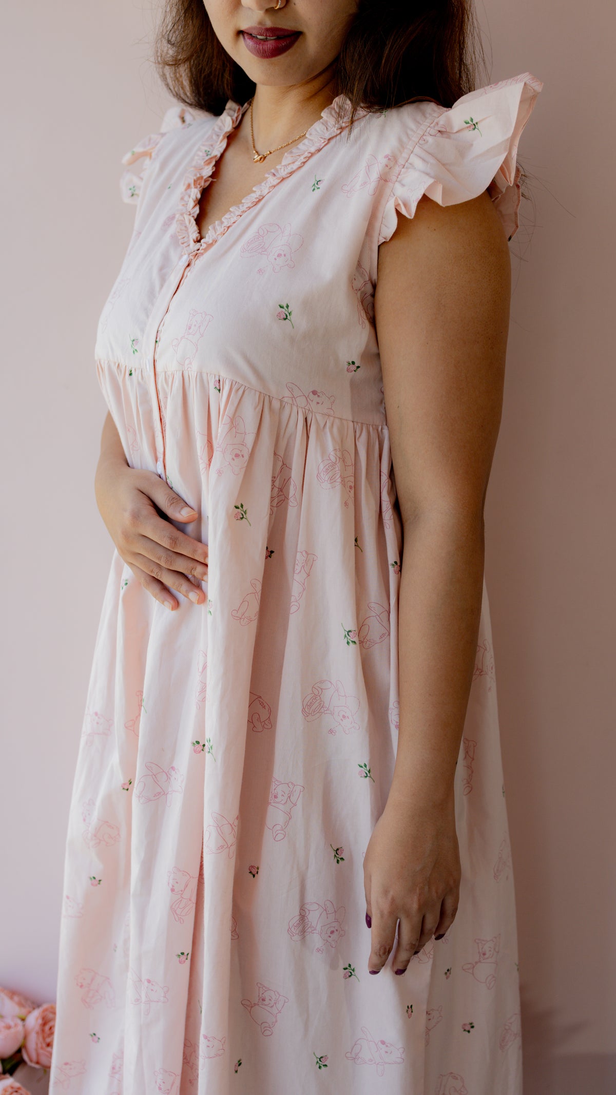 Murmur – Flutter Sleeve Button-Down Maternity & Nursing Dress in Blush Pink Cotton