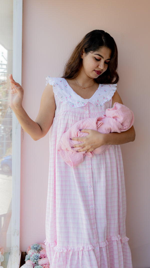 Shelter – Collared Button-Down Maternity & Nursing Dress in Pink Check Cotton