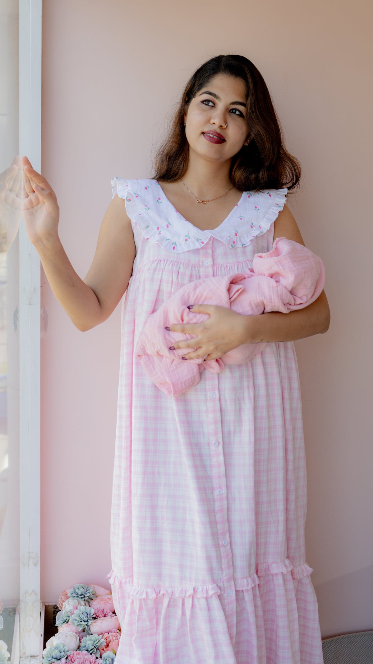 Shelter – Collared Button-Down Maternity & Nursing Dress in Pink Check Cotton