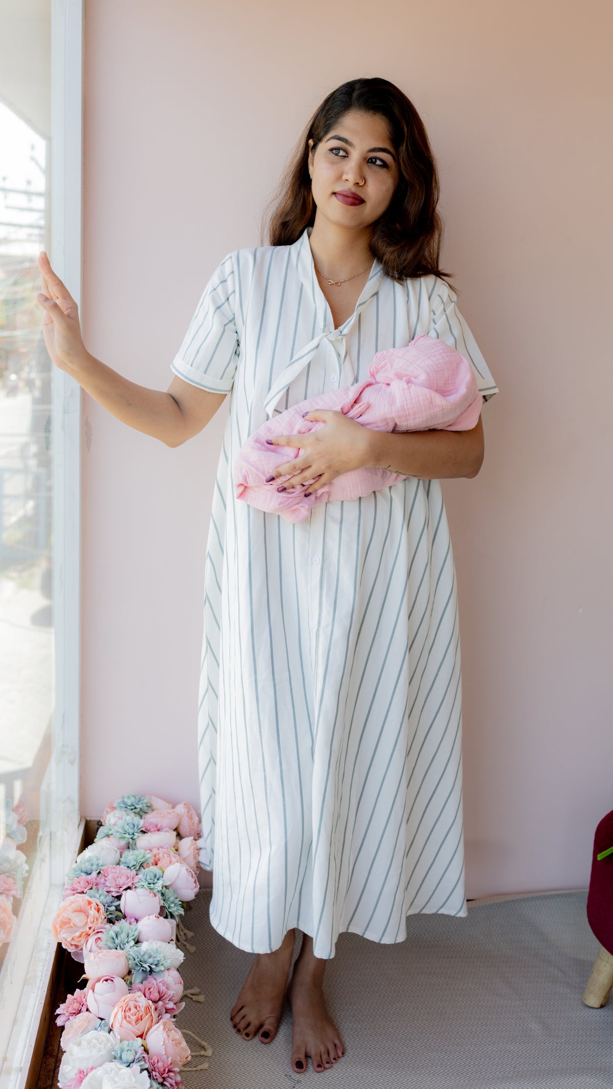 Tether – Tie Neck Button-Down Maternity & Nursing Dress in Striped Cotton