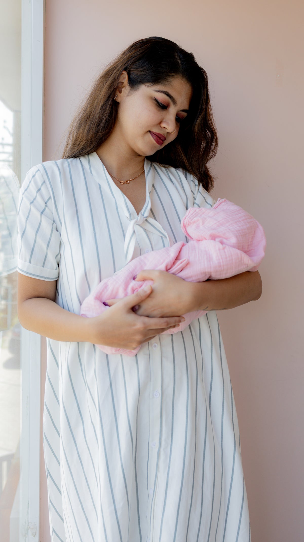 Tether – Tie Neck Button-Down Maternity & Nursing Dress in Striped Cotton