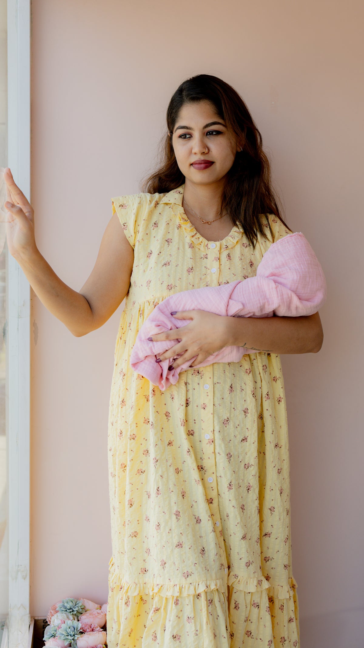 Simmer – Collared Button-Down Maternity & Nursing Dress in Yellow Floral Cotton