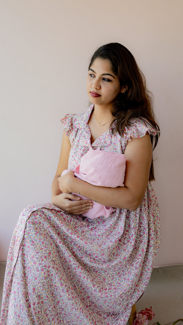 Gossamer – Flutter Sleeve Button-Down Maternity & Nursing Dress in Pink Ditsy Floral Cotton