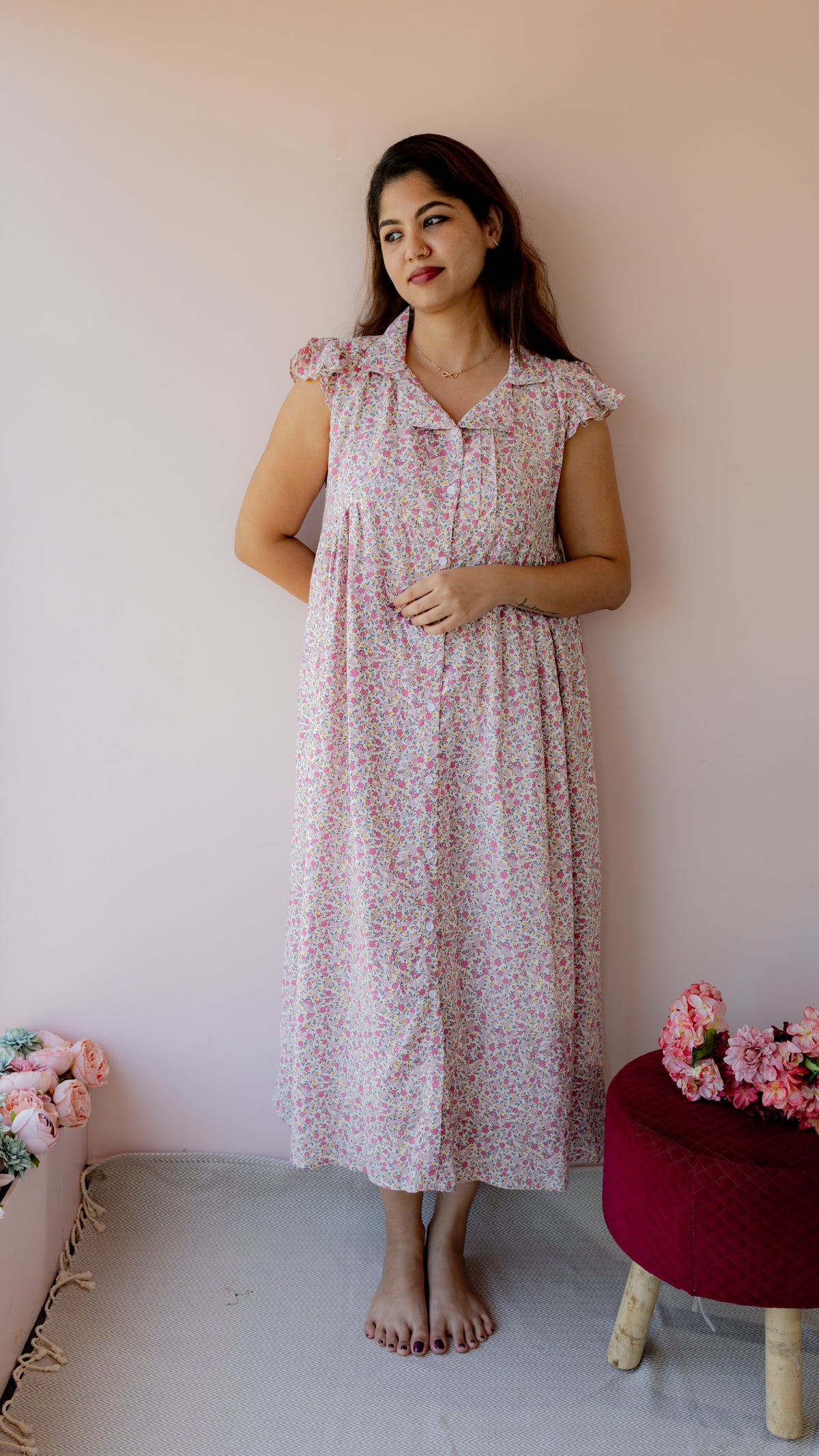 Gossamer – Flutter Sleeve Button-Down Maternity & Nursing Dress in Pink Ditsy Floral Cotton