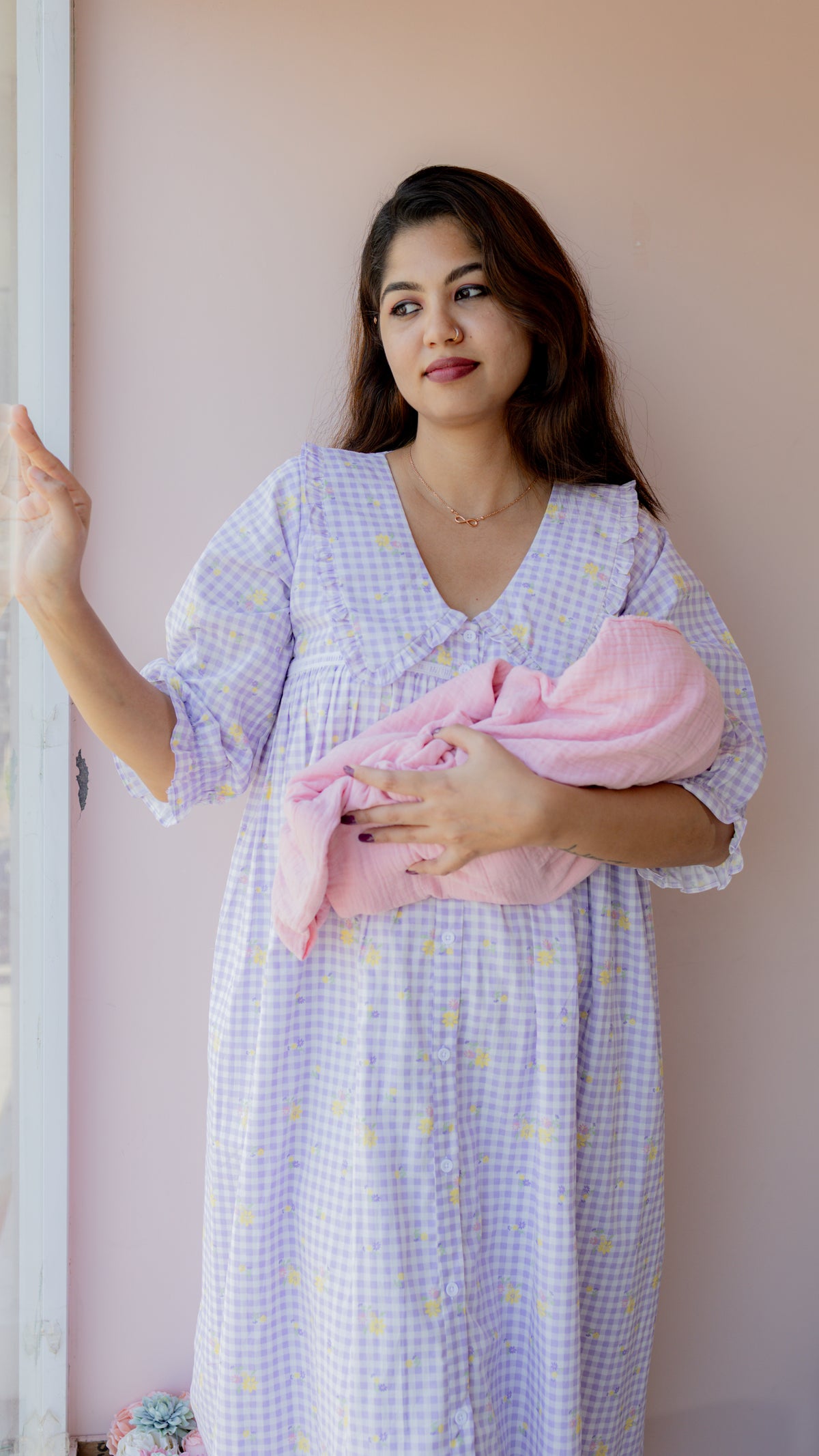 Fallow – Puff Sleeve Button-Down Maternity & Nursing Dress in Lilac Gingham Cotton