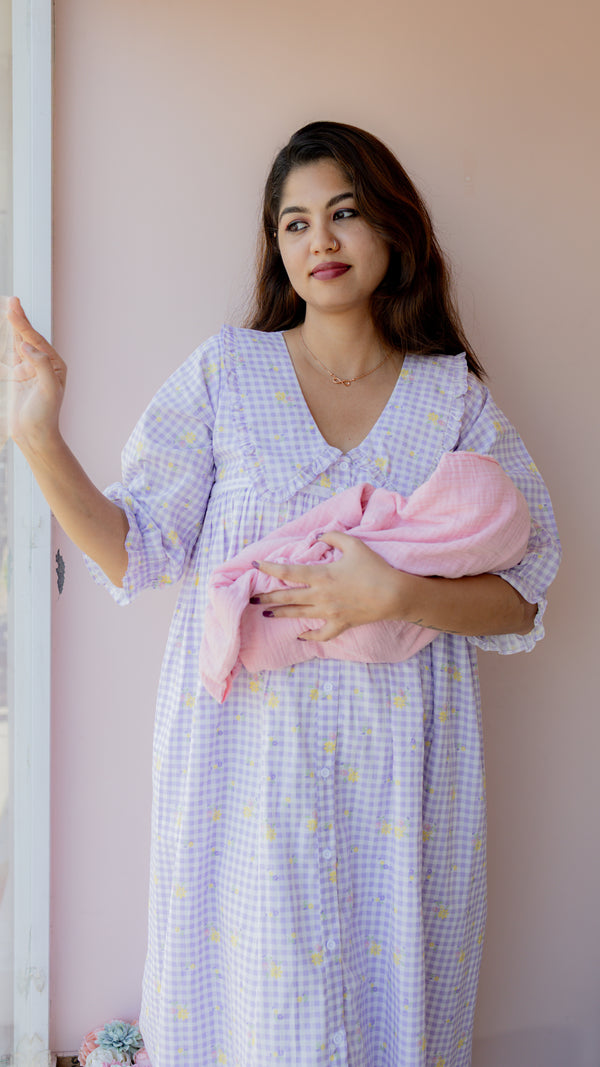 Fallow – Puff Sleeve Button-Down Maternity & Nursing Dress in Lilac Gingham Cotton