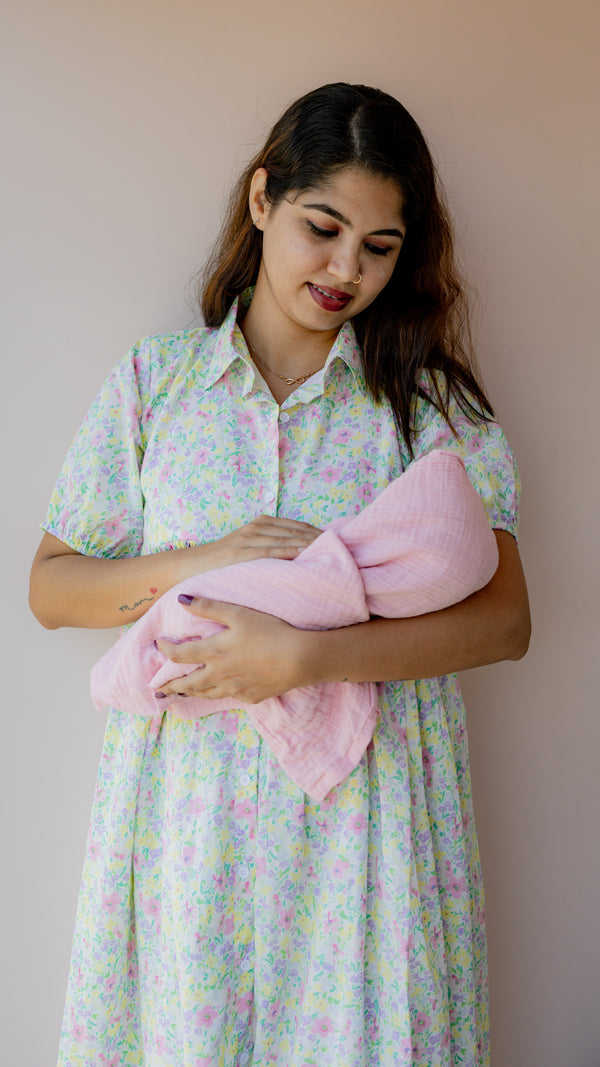Verdant – Puff Sleeve Button-Down Maternity & Nursing Dress in Pastel Floral Cotton