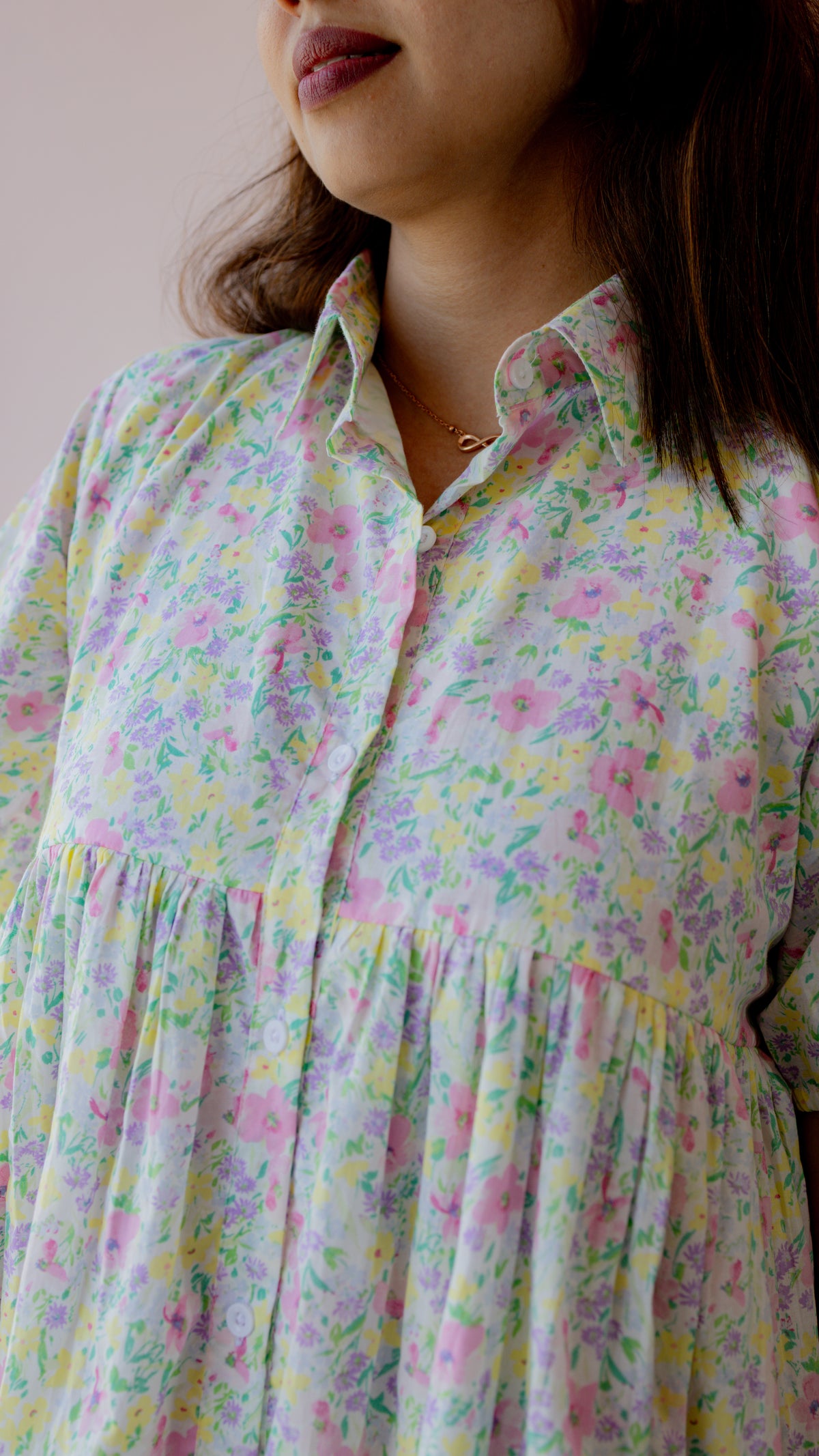 Verdant – Puff Sleeve Button-Down Maternity & Nursing Dress in Pastel Floral Cotton