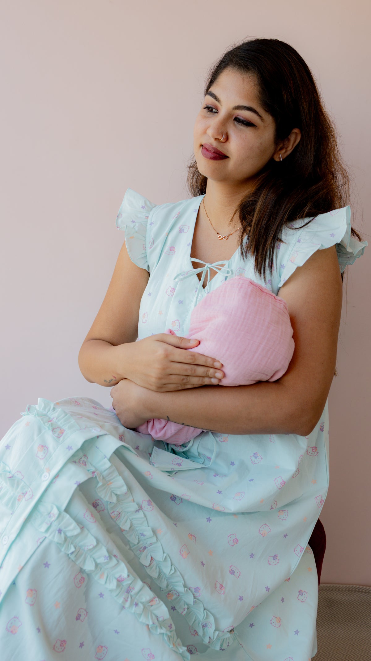 Croft – Tie Neck Button-Down Maternity & Nursing Dress in Mint Cotton