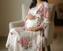 Pregnant woman in a floral dress sitting on a chair in a warm-toned room.