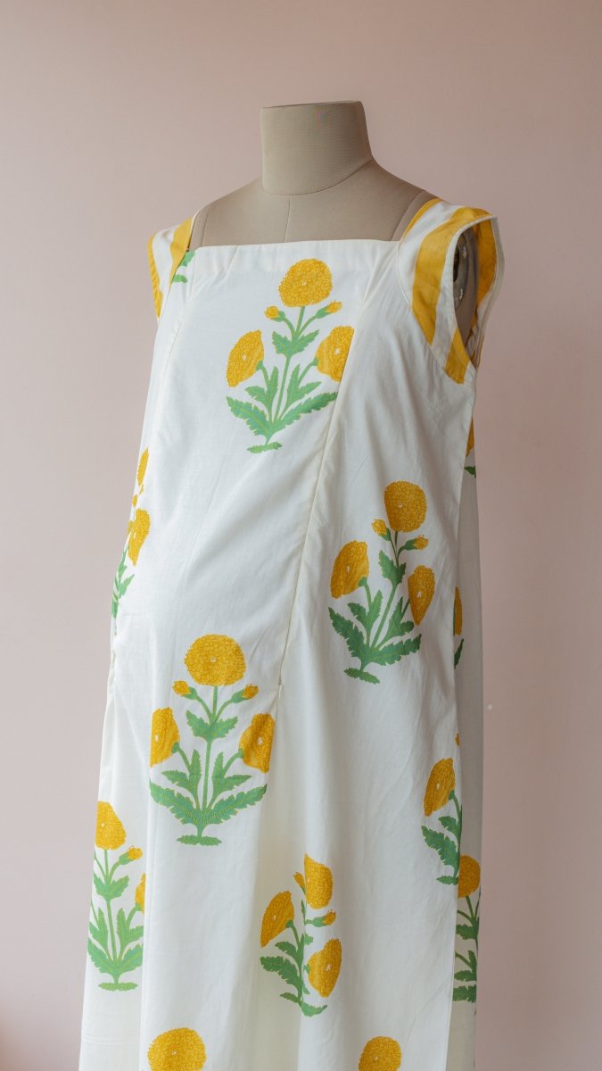 Bhupali | Ivory Marigold Block Print Cotton Maternity DressALL US WOMENmaternity and feeding
