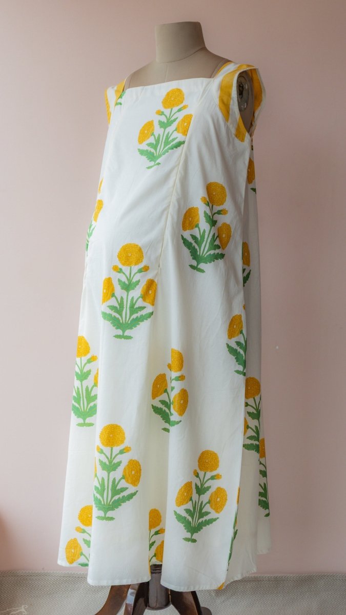 Bhupali | Ivory Marigold Block Print Cotton Maternity DressALL US WOMENmaternity and feeding
