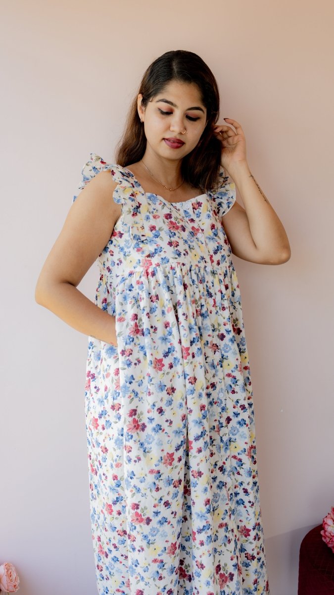 Bower – Ruffle Strap Button-Down Maternity & Nursing Dress in Floral CottonALL US WOMENmaternity and feeding