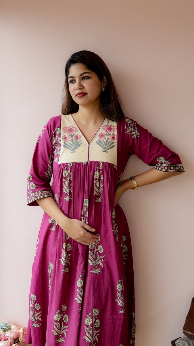 Chenab — Cotton Floral Block Print maternity & Nursing DressALL US WOMENmaternity and feeding
