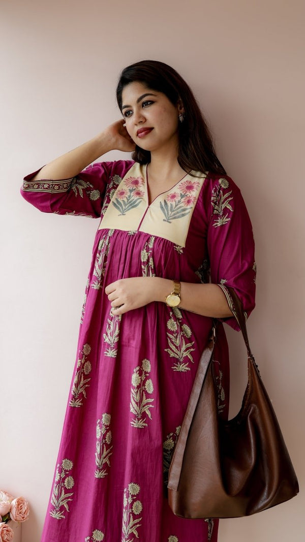 Chenab — Cotton Floral Block Print maternity & Nursing DressALL US WOMENmaternity and feeding
