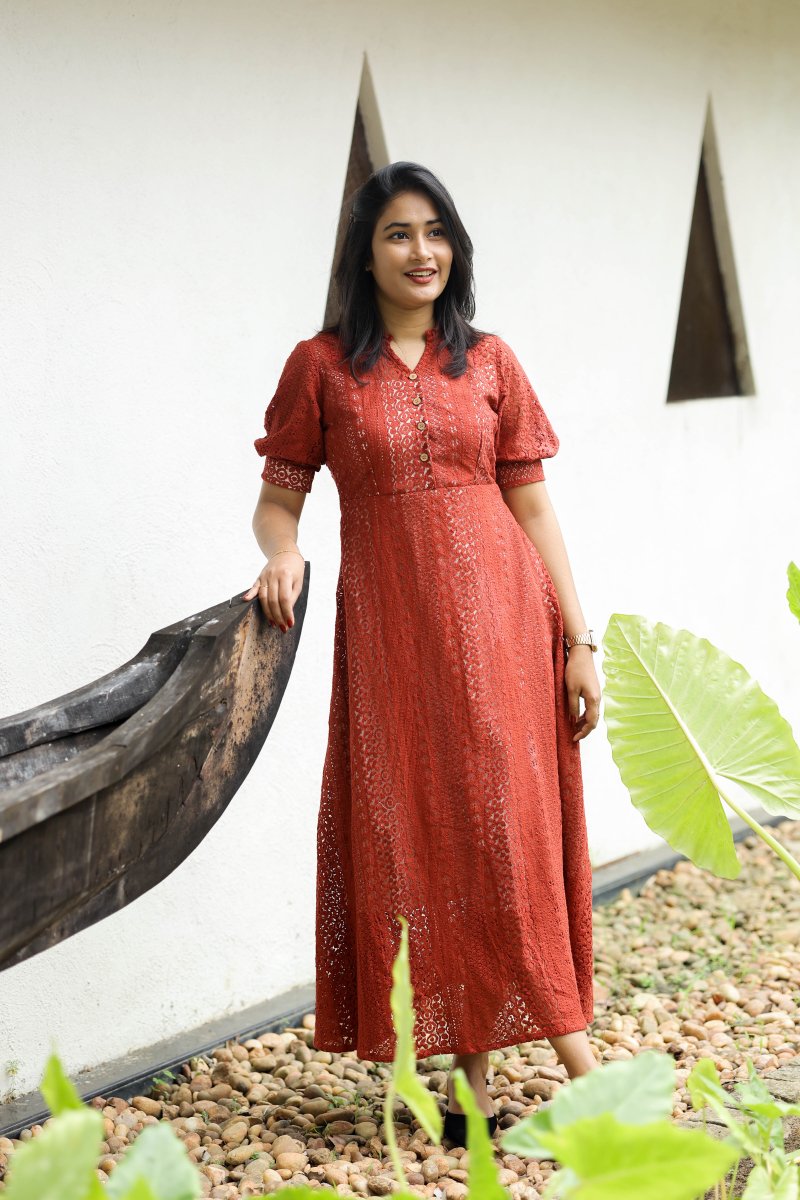 Choux Crème |Burnt Orange Lace Maternity & Feeding Button - Down Dress | HearthALL US WOMENmaternity and feeding