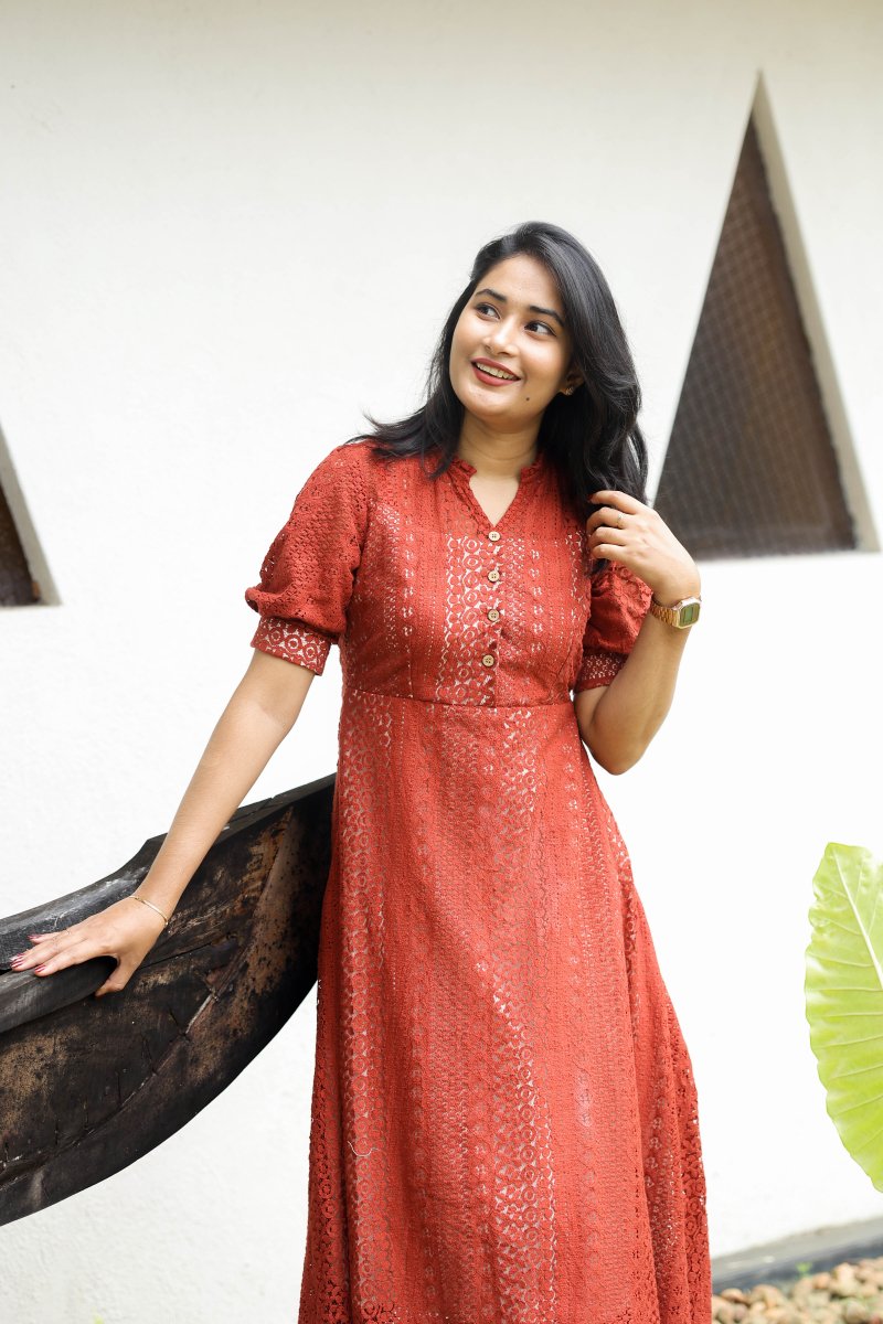 Choux Crème |Burnt Orange Lace Maternity & Feeding Button - Down Dress | HearthALL US WOMENmaternity and feeding