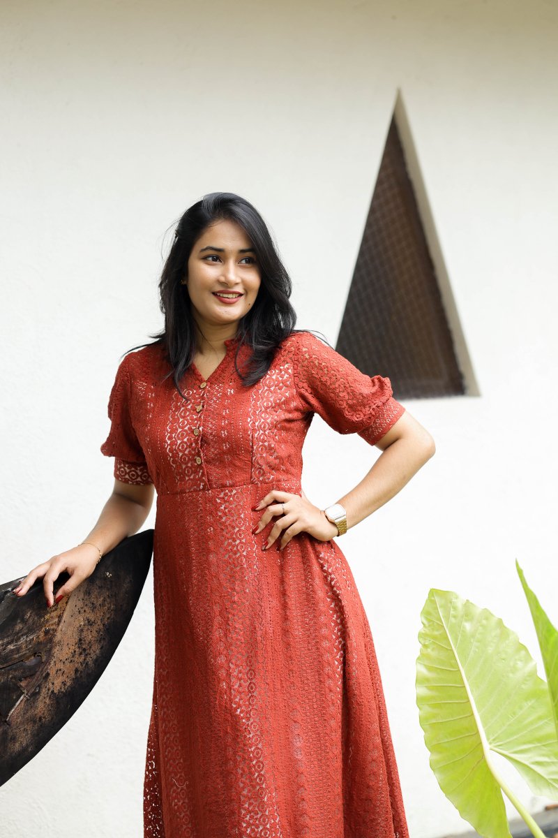 Choux Crème |Burnt Orange Lace Maternity & Feeding Button - Down Dress | HearthALL US WOMENmaternity and feeding