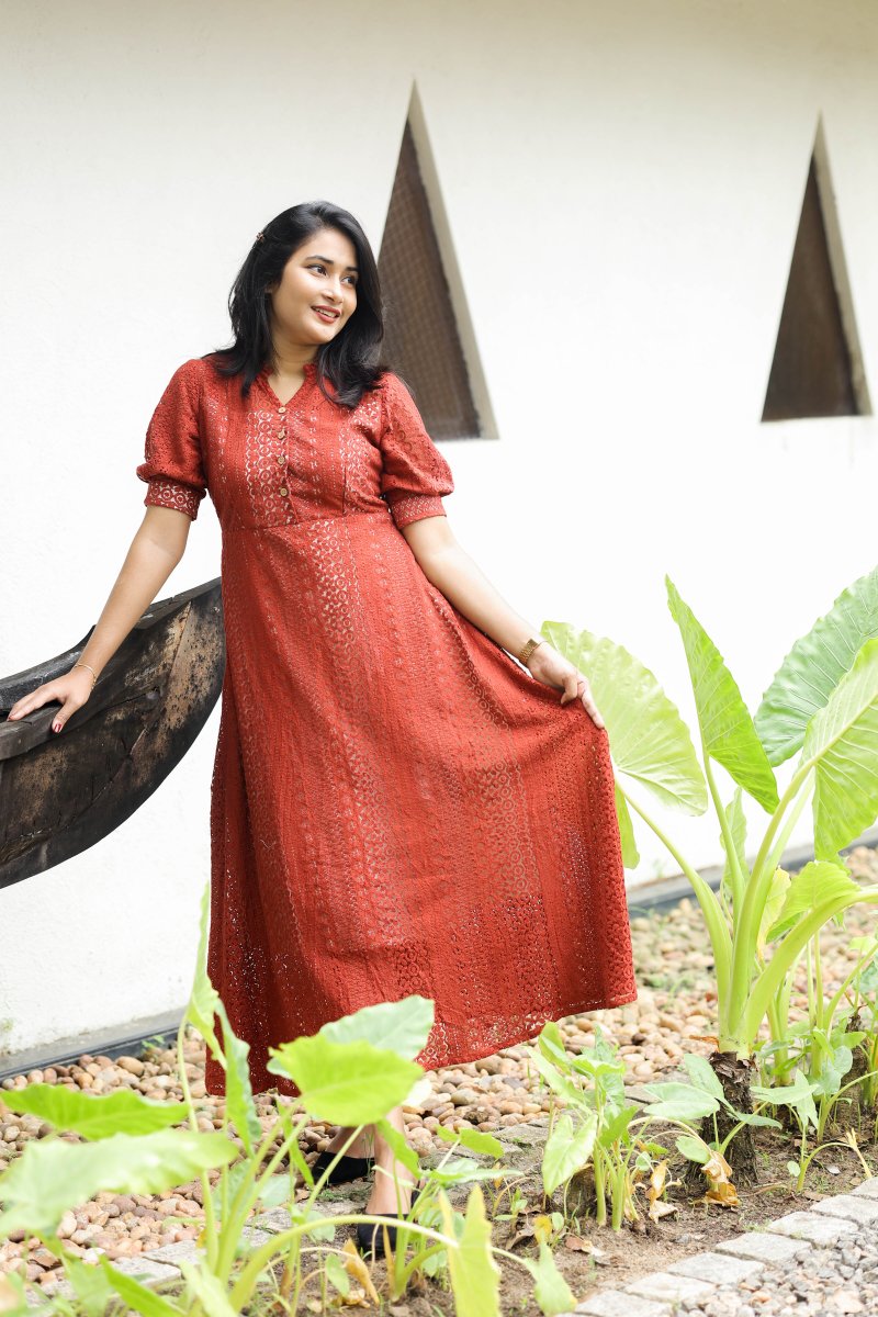 Choux Crème |Burnt Orange Lace Maternity & Feeding Button - Down Dress | HearthALL US WOMENmaternity and feeding