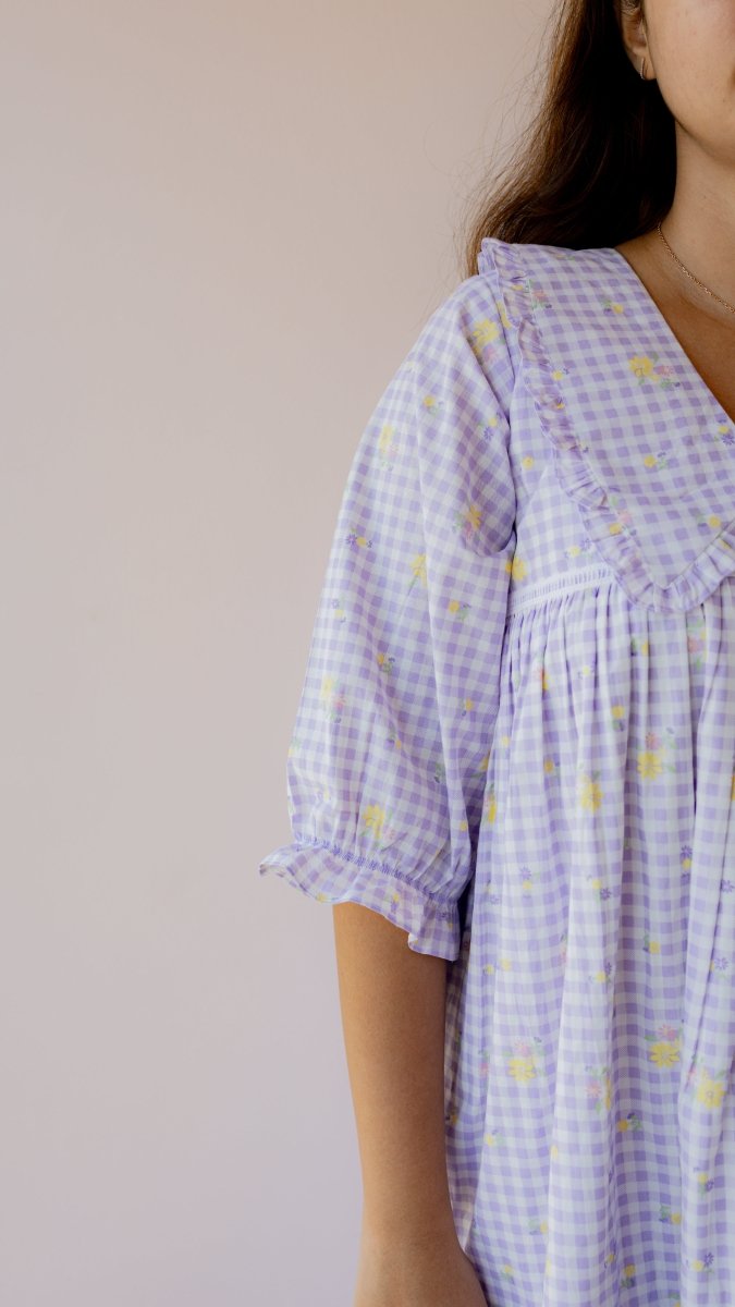 Fallow – Puff Sleeve Button-Down Maternity & Nursing Dress in Lilac Gingham CottonALL US WOMENmaternity and feeding