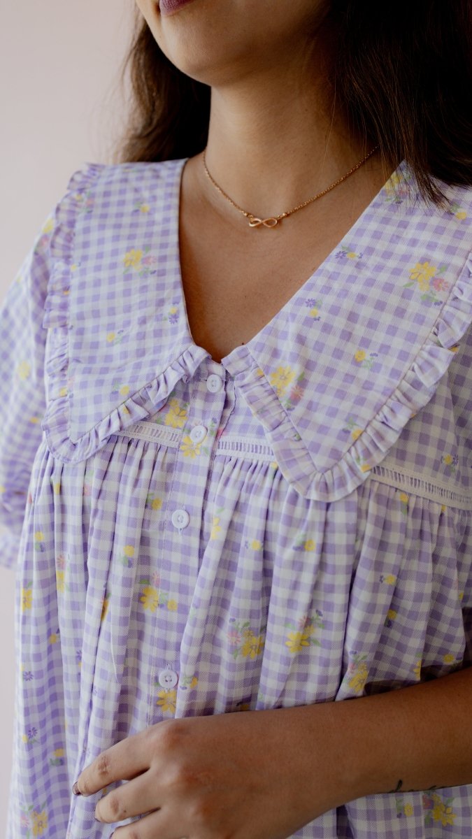 Fallow – Puff Sleeve Button-Down Maternity & Nursing Dress in Lilac Gingham CottonALL US WOMENmaternity and feeding