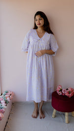 Fallow – Puff Sleeve Button-Down Maternity & Nursing Dress in Lilac Gingham CottonALL US WOMENmaternity and feeding