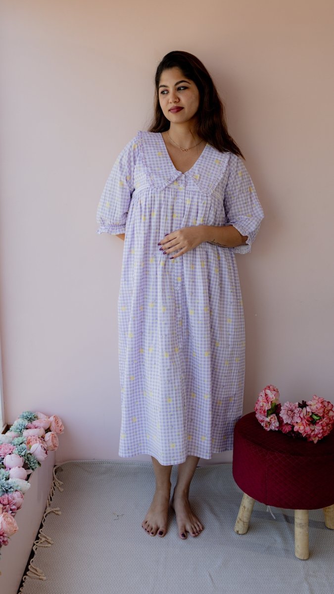 Fallow – Puff Sleeve Button-Down Maternity & Nursing Dress in Lilac Gingham CottonALL US WOMENmaternity and feeding