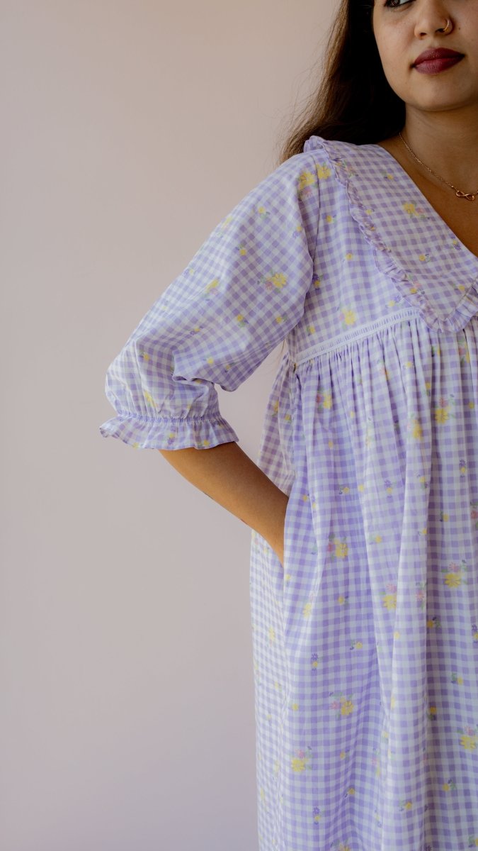 Fallow – Puff Sleeve Button-Down Maternity & Nursing Dress in Lilac Gingham CottonALL US WOMENmaternity and feeding