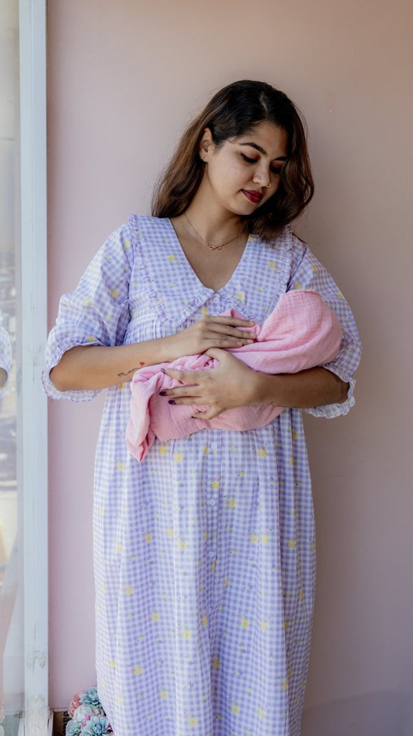 Fallow – Puff Sleeve Button-Down Maternity & Nursing Dress in Lilac Gingham CottonALL US WOMENmaternity and feeding
