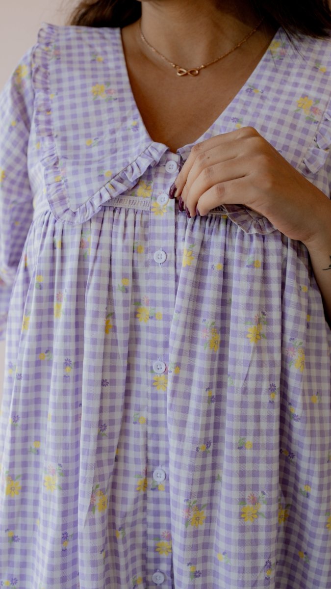 Fallow – Puff Sleeve Button-Down Maternity & Nursing Dress in Lilac Gingham CottonALL US WOMENmaternity and feeding