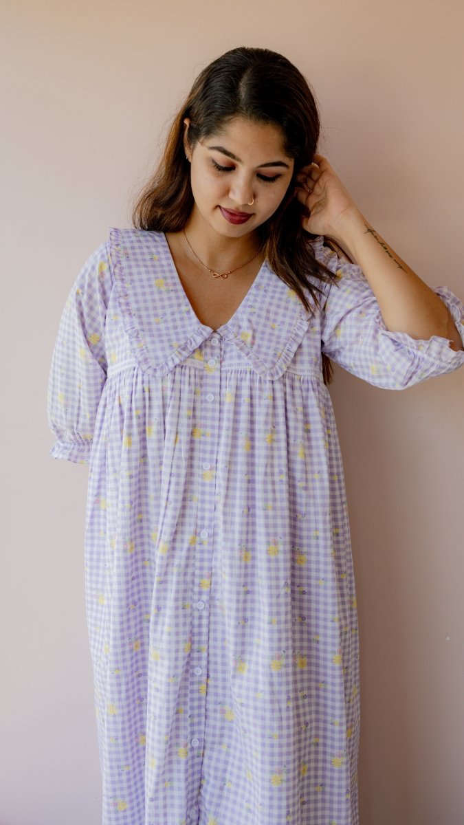 Fallow – Puff Sleeve Button-Down Maternity & Nursing Dress in Lilac Gingham CottonALL US WOMENmaternity and feeding