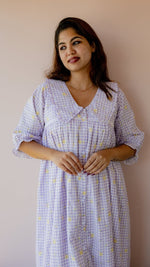 Fallow – Puff Sleeve Button-Down Maternity & Nursing Dress in Lilac Gingham CottonALL US WOMENmaternity and feeding