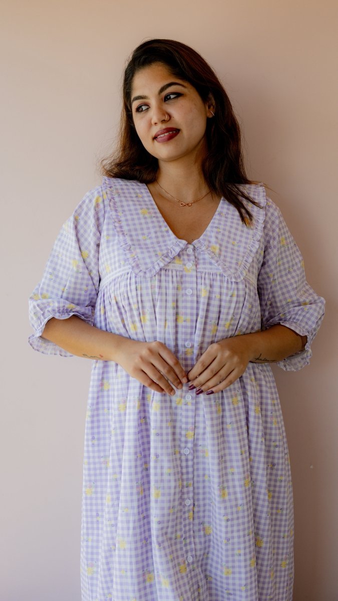Fallow – Puff Sleeve Button-Down Maternity & Nursing Dress in Lilac Gingham CottonALL US WOMENmaternity and feeding