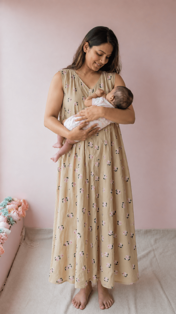 Ganga | Blush Rose Print Cotton Maternity & Nursing DressALL US WOMENmaternity and feeding