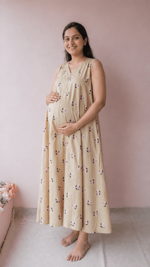 Ganga | Blush Rose Print Cotton Maternity & Nursing DressALL US WOMENmaternity and feeding
