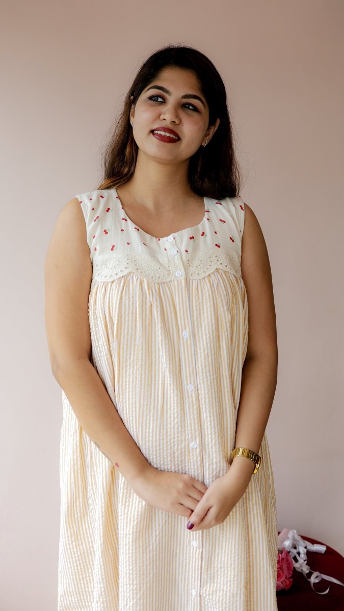 Glean — Cotton Cherry-Print Button-Down Recovery DressALL US WOMENmaternity and feeding