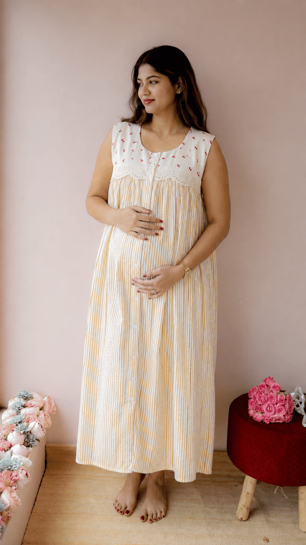 Glean — Cotton Cherry-Print Button-Down Recovery DressALL US WOMENmaternity and feeding