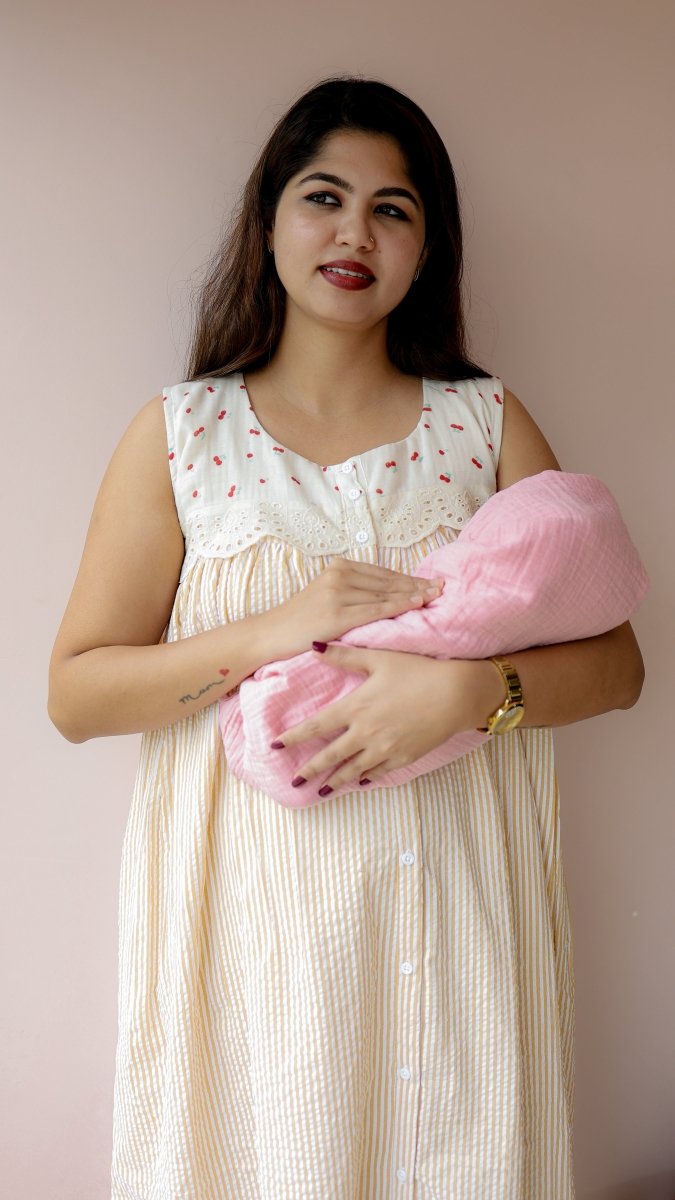 Glean — Cotton Cherry-Print Button-Down Recovery DressALL US WOMENmaternity and feeding