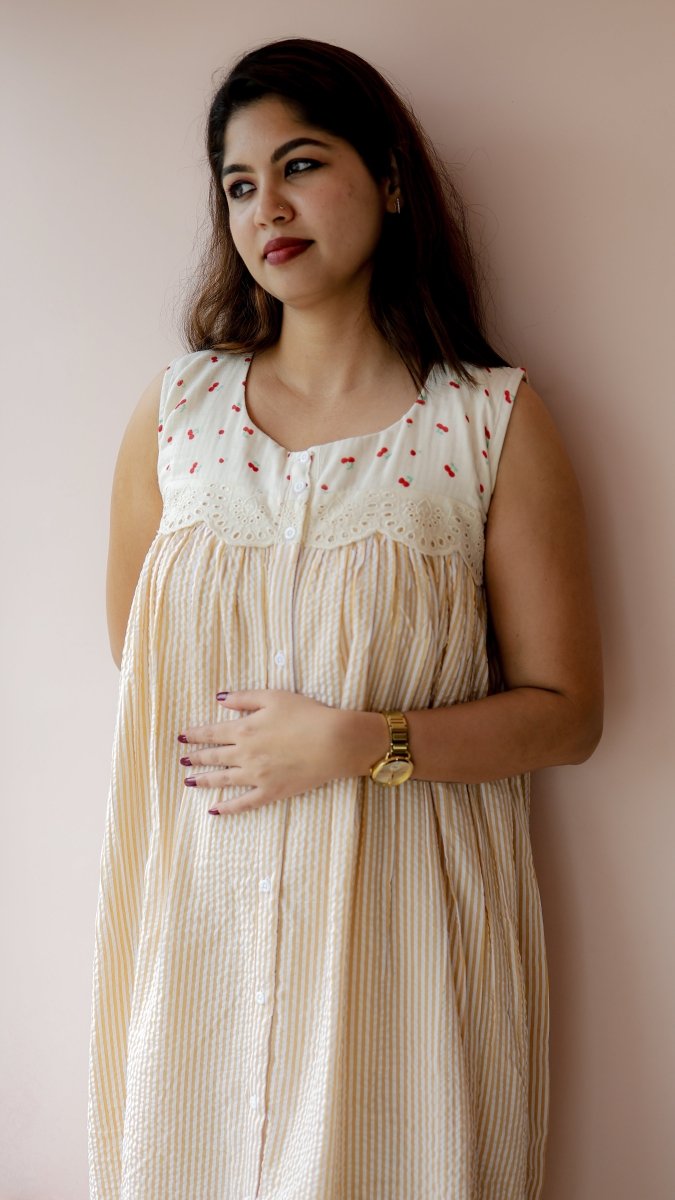 Glean — Cotton Cherry-Print Button-Down Recovery DressALL US WOMENmaternity and feeding