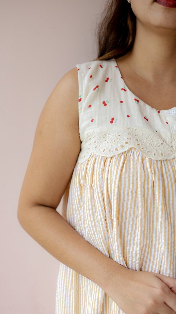 Glean — Cotton Cherry-Print Button-Down Recovery DressALL US WOMENmaternity and feeding