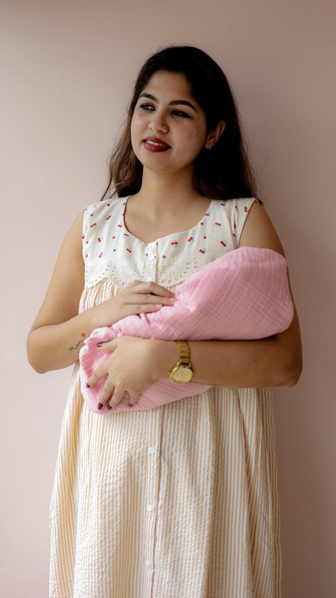 Glean — Cotton Cherry-Print Button-Down Recovery DressALL US WOMENmaternity and feeding