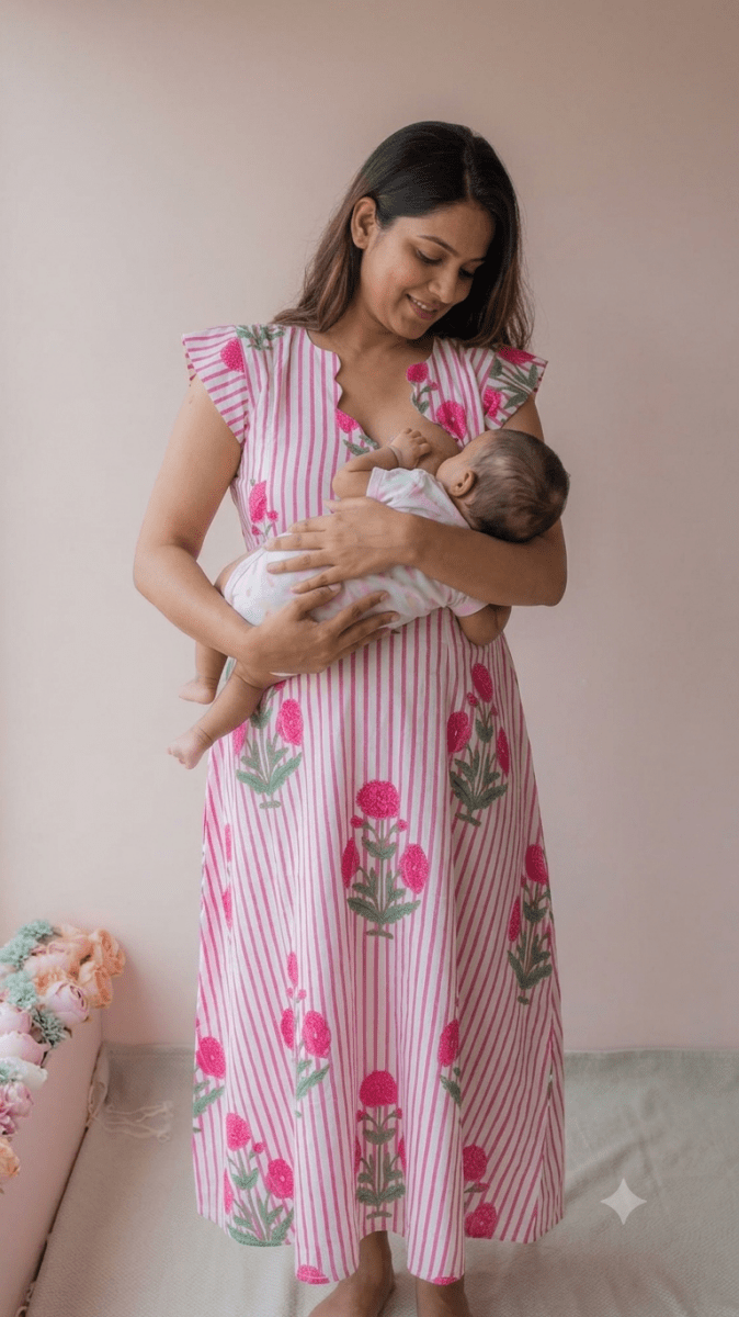 Gomati | Pink Stripe Marigold Print Cotton Maternity & Nursing DressALL US WOMENmaternity and feeding