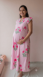 Gomati | Pink Stripe Marigold Print Cotton Maternity & Nursing DressALL US WOMENmaternity and feeding