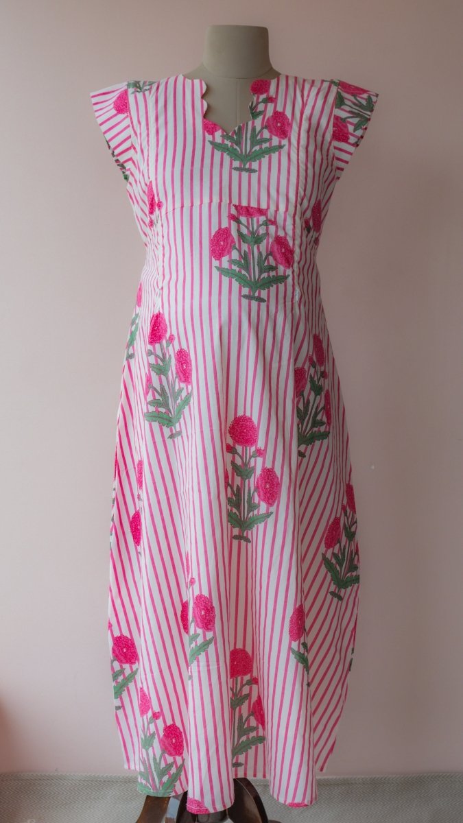 Gomati | Pink Stripe Marigold Print Cotton Maternity & Nursing DressALL US WOMENmaternity and feeding